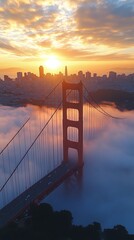 Fototapeta premium Golden Gate Bridge at sunrise, city in mist