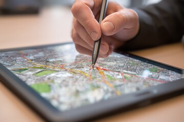 Close-up of a digital map on a tablet, identifying and marking key locations for navigation.