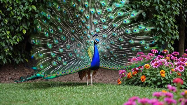 Vibrant peacock display with spreading plumage in lush garden setting nature's dance