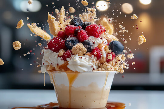 Sundae Explosion: Action Shot of Imploding Dessert with Flung Elements, Dripping Textures, Flying Fruits, and Suspended Syrup Splashes in Dynamic Movement