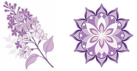Lilac flower branch and mandala vector illustration featuring soft purple shades for botanical and spiritual designs