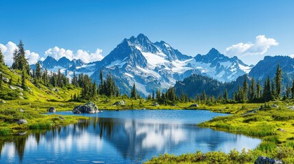 Breathtaking alpine scenery featuring a tranquil lake mirroring snow-capped mountains, lush greenery, and a vibrant blue sky, creating a serene and picturesque landscape