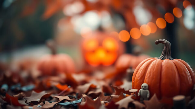 Halloween Pumpkin on Leaf Pile with Figure