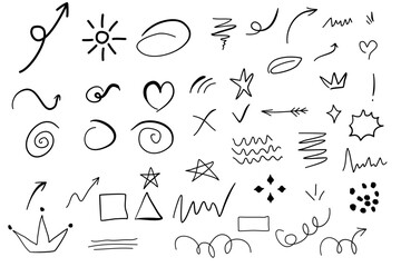 Sketch underline, emphasis, arrow shape set. Hand drawn brush stroke, highlight, speech bubble, underline, sparkle element. SVG Vector illustration.