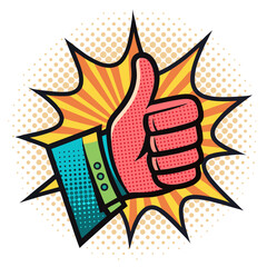 Create a bold, vector illustration of a pop art style thumbs up gesture.  The stroke should be thick and vibrant.