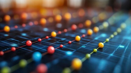 Spheres follow paths on a blue surface, creating a sense of connectedness and data flow