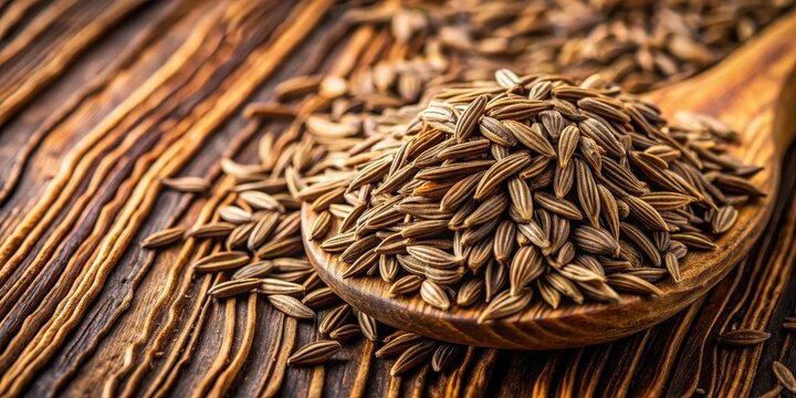Close-up cumin seed on a wooden background with intricate patterns and textures