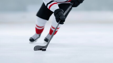 Hockey player skates on ice during a competitive match in a rink with a focus on puck control and skillful movement.