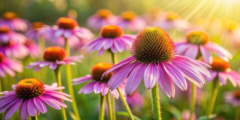 Fototapeta premium Purple coneflowers in a lush meadow with soft focus and warm sunlight filtering through the petals, showcasing the plant's unique shape and vibrant colors, purple wildflowers, prairie landscape