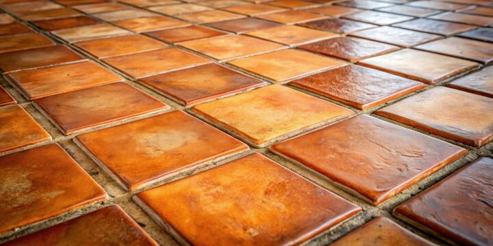 Classic Mediterranean style terracotta tiles in a close-up shot on a worn wooden floor, classic design