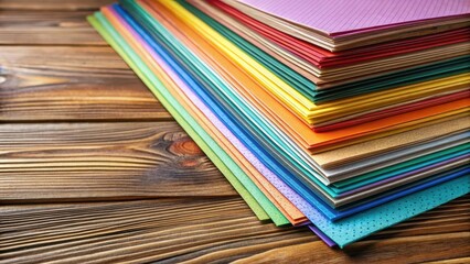 Fototapeta premium A stack of colorful paper samples on a wooden table