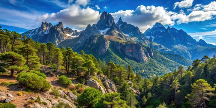 Mountainous terrain with rugged peaks and pine trees in El Chotis National Park, el chotis, mountain