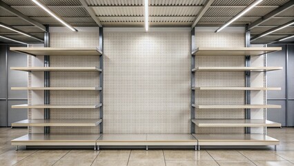 Abandoned store shelf with a bare display wall, empty shelves, vacant storefront