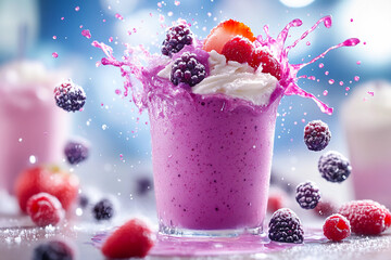 Blackberry milkshake with juicy purple splash, fruit spinning mid-air, frothy cream flying, and syrup arcs creating a storm, vivid motion and dynamic fluid art