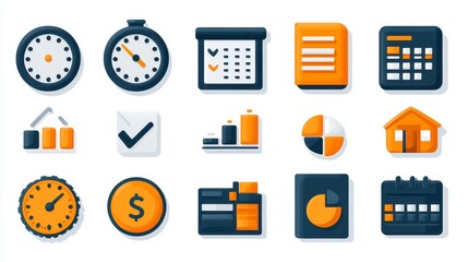 Time, tasks, and data icons of business activities depicted in bright colors