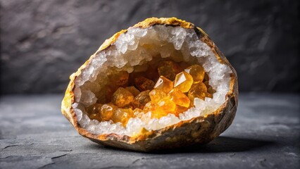 Geode with crystalline citrine formation on dark volcanic rock surface , rock, citrine,  rock, citrine, mineral
