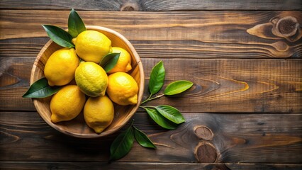 A bowl of lemons arranged on a rustic wooden table, centerpiece , wooden table,  centerpiece , wooden table, rustic