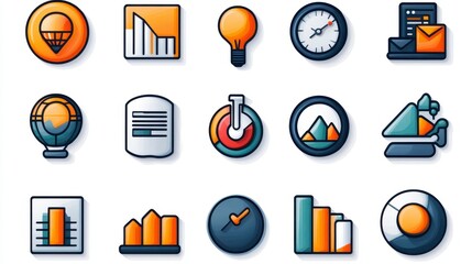 Icon collection Charts, lightbulb, time, emails, mountains, toggle, file, & globe