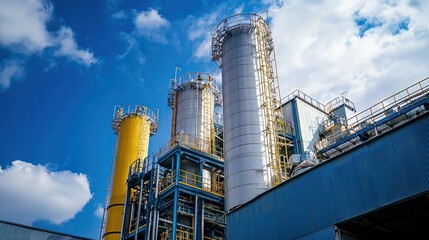 A large, industrial plant with multiple tall, cylindrical metal structures and a blue roof against a blue sky with white clouds.