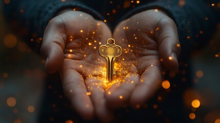 Golden key held gently in two hands, sparkling with light against a blurred background