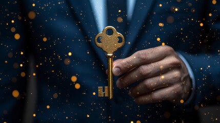 Hand holding golden key in a suit surrounded by sparkles, soft focus, elegant