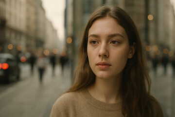 Fototapeta premium Pensive young woman strolling through a bustling city street, lost in thought