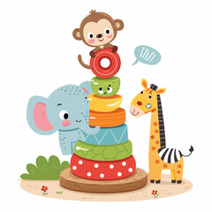 Create a bold vector illustration of a stacking animal puzzle, showcasing vibrant colors and thick outlines.  Focus on clean lines and a playful style.