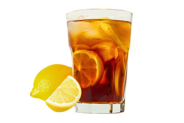 A cold iced tea beverage served with fresh lemon slices, isolated on white, PNG
