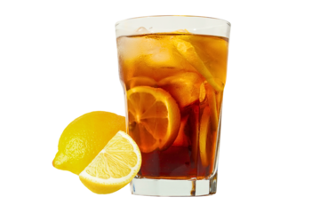 A cold iced tea beverage served with fresh lemon slices, isolated on white, PNG