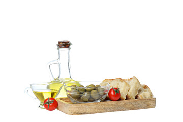 PNG, olives, tomato, olive oil and bread, isolated on white background.