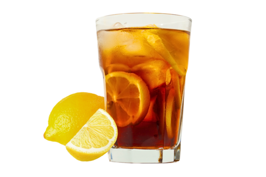 A cold iced tea beverage served with fresh lemon slices, isolated on white, PNG