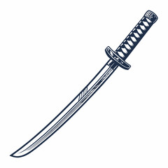 Create a bold, vector illustration of a stealthy katana sword with a thick, black stroke.  High detail, sharp edges.