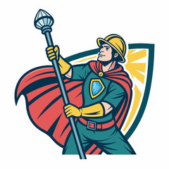 Create a bold, vector illustration of a superhero offering support, incorporating the letter 'H' prominently in the design.  The style should be impactful and easily scalable.