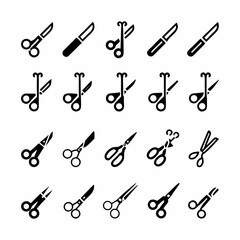 Design a bold, vector icon depicting common surgical instruments scalpel, forceps, and needle.  Prioritize a strong, easily scalable outline.