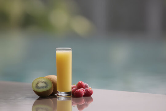 refreshing cocktail named bright rainbow served with array of colorful fruits on transparent table by poolside