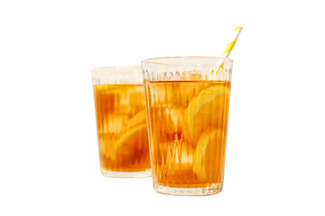 Two clear glasses of iced tea filled with lemon slices are refreshing, isolated on white, PNG