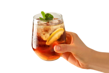 Hand holds a chilled iced tea drink with lemon and mint, isolated on white, PNG