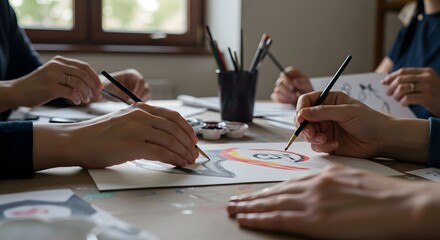 People Painting Together at Art Class or Workshop Session