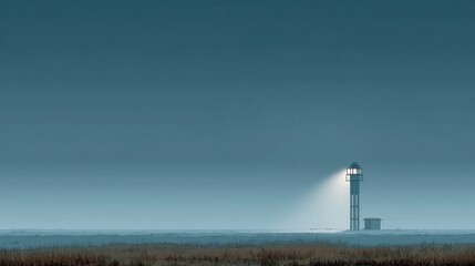 Slender vertical light beacon standing alone in grassy field, symbolizing guidance, solitude, and minimalism in open natural landscape composition.