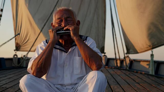 Sailor playing harmonica on sailboat at sunset