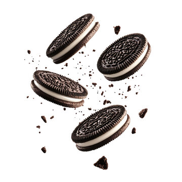 A studio shot of four oreo cookies floating with cookie crumbs on a plain black colored background space