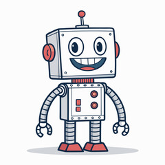 Create a bold, vector illustration of a smiling toy robot with thick black outlines.  Design should be simplistic and friendly.