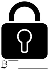 Black padlock symbol combined with Bitcoin icon signifies blockchain security, cryptocurrency safety, and data protection. Ideal for finance, cybersecurity, investment, privacy, decentralization