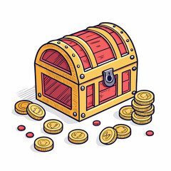 Create a bold, vector illustration of a cartoon toy treasure chest with a thick, easily editable stroke.  Include details like a hinged lid and metallic accents.