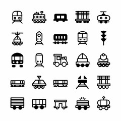 Design a vector icon pack featuring bold-stroke train icons; various train types, including steam, electric, and modern high-speed trains.