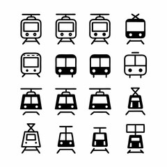 Design a vector icon pack featuring bold-stroke trams in various angles and views.  Include different tram styles.