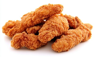 Crispy fried chicken tenders, food photography, white background, meal