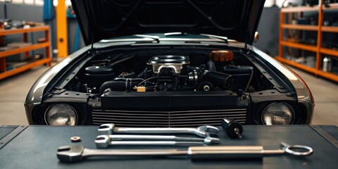 Obraz premium Classic car engine view with tools on a workbench in an automotive workshop.