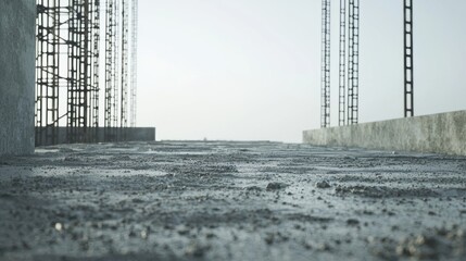 Concrete floor with a metal framework and a concrete wall in the background.