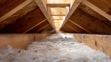 Attic insulation with wooden framing and ventilation baffles installed above insulation